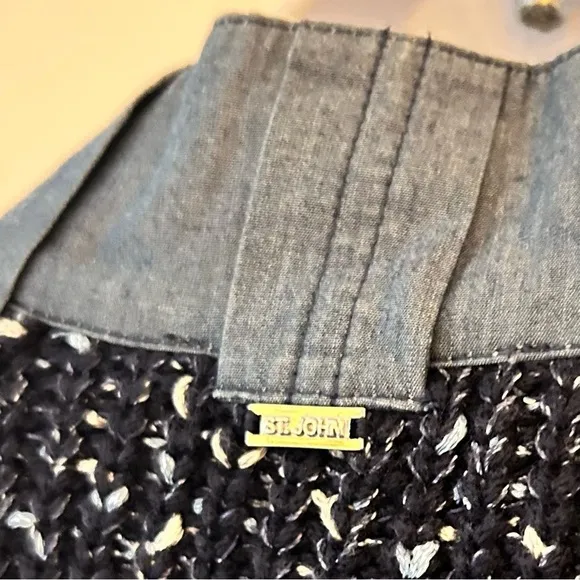 ST JOHN Mixed Media Santana Knit and Chambray Trimmed Zippered Jacket Size S