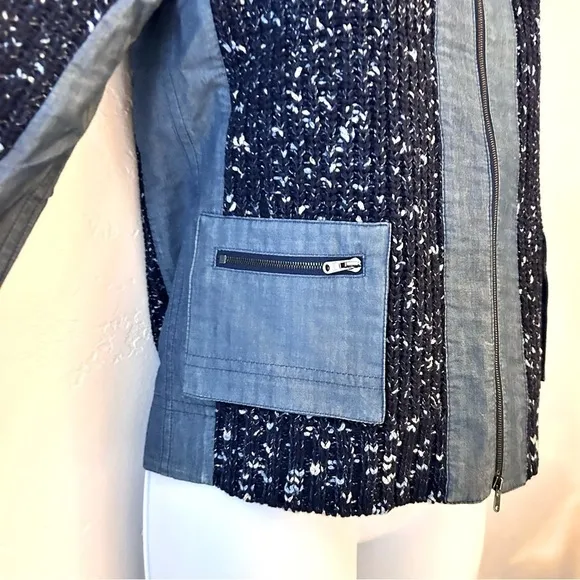 ST JOHN Mixed Media Santana Knit and Chambray Trimmed Zippered Jacket Size S