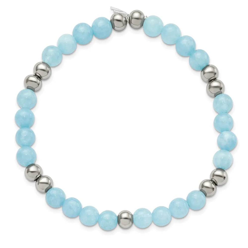 Stainless Steel Polished Blue Quartz Beaded Stretch Bracelet