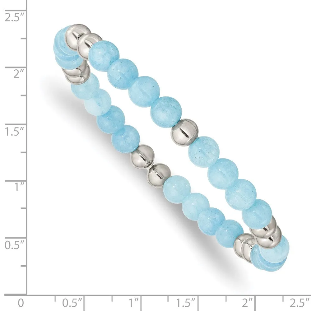Stainless Steel Polished Blue Quartz Beaded Stretch Bracelet