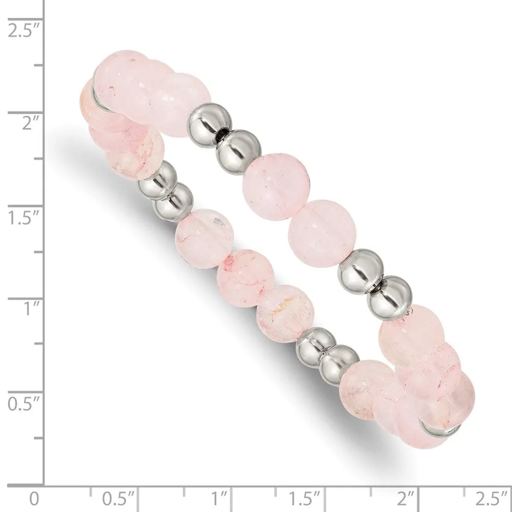 Stainless Steel Polished Pink Quartz Beaded Stretch Bracelet