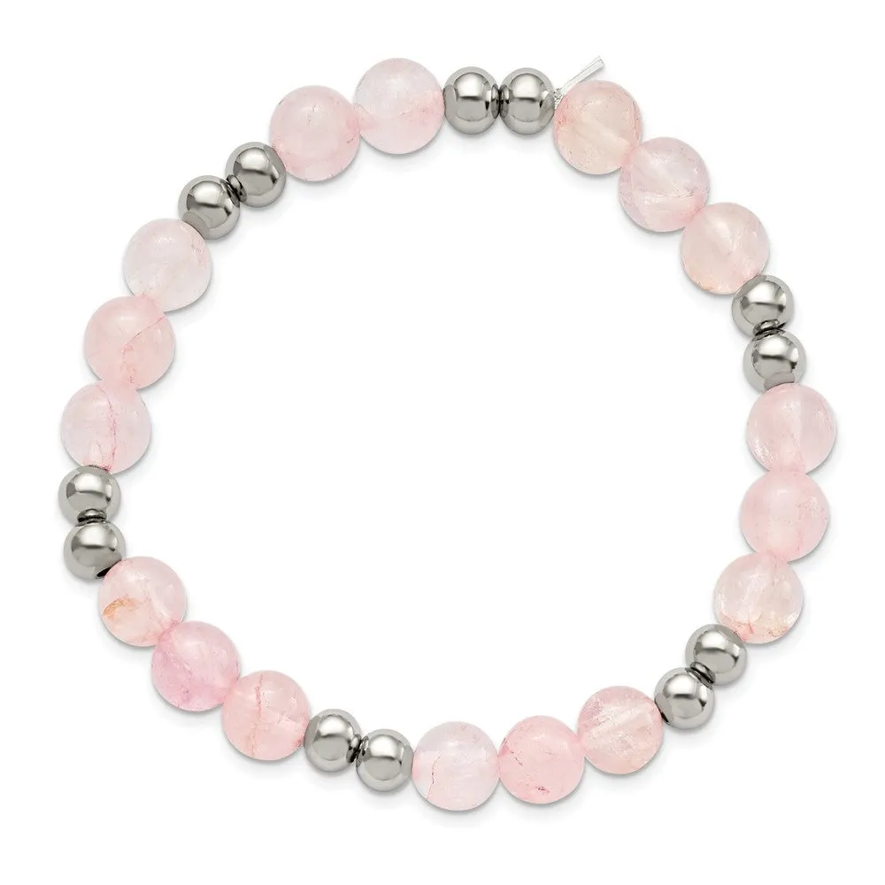 Stainless Steel Polished Pink Quartz Beaded Stretch Bracelet