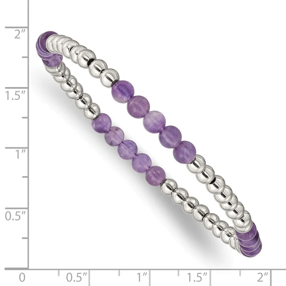 Stainless Steel Polished Purple Zebra Amethyst Beaded Stretch Bracelet