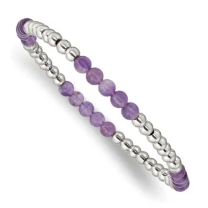 Stainless Steel Polished Purple Zebra Amethyst Beaded Stretch Bracelet