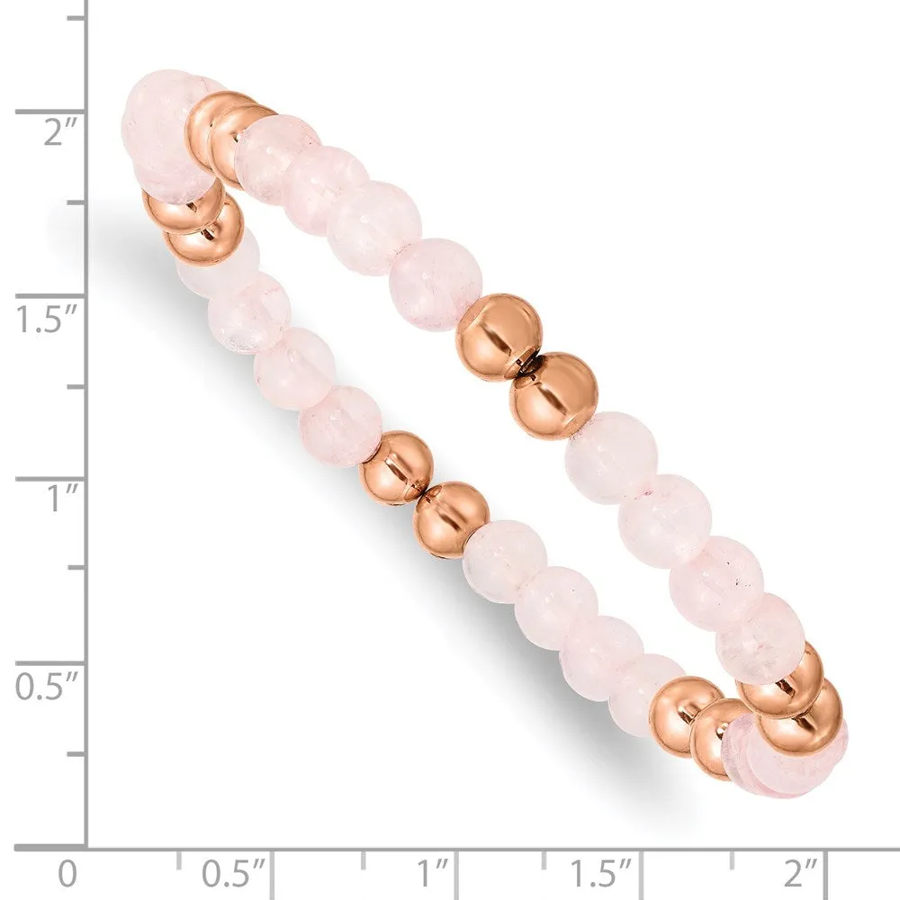 Stainless Steel Polished Rose IP-plated Pink Quartz Beaded Stretch Bracelet