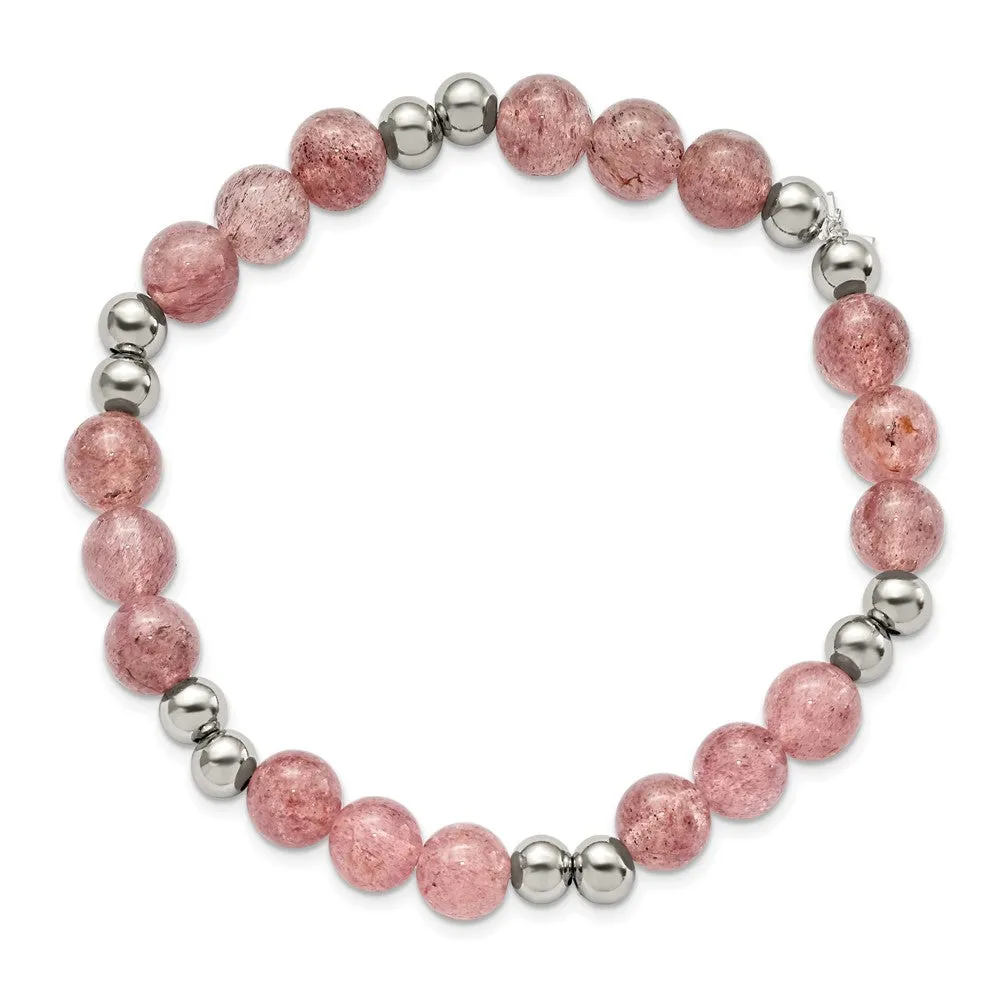 Stainless Steel Polished Strawberry Quartz Beaded Stretch Bracelet