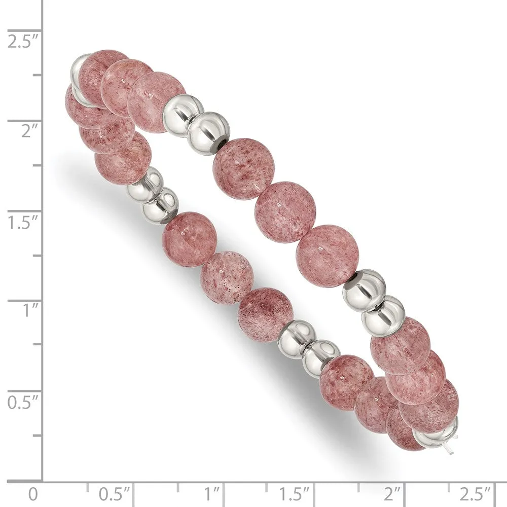 Stainless Steel Polished Strawberry Quartz Beaded Stretch Bracelet