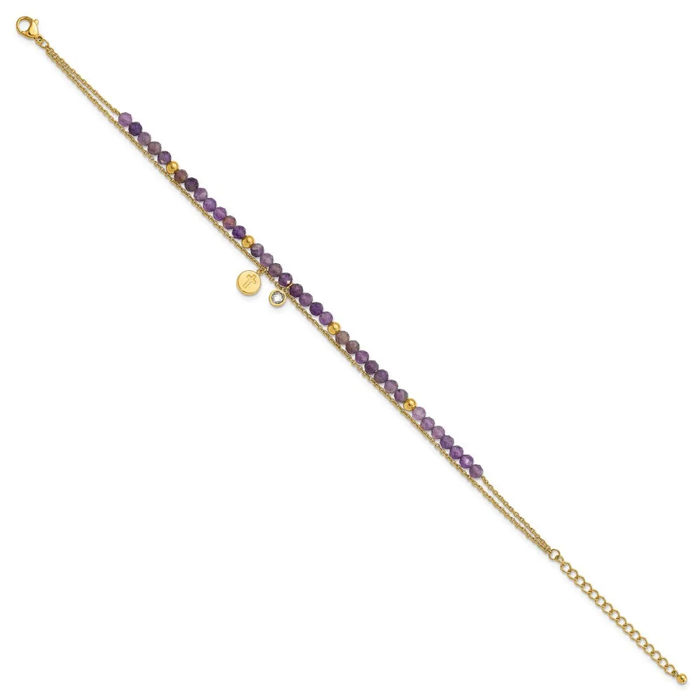 Stainless Steel Polished Yellow IP Amethyst & Crystal w/2in ext. 9in Anklet