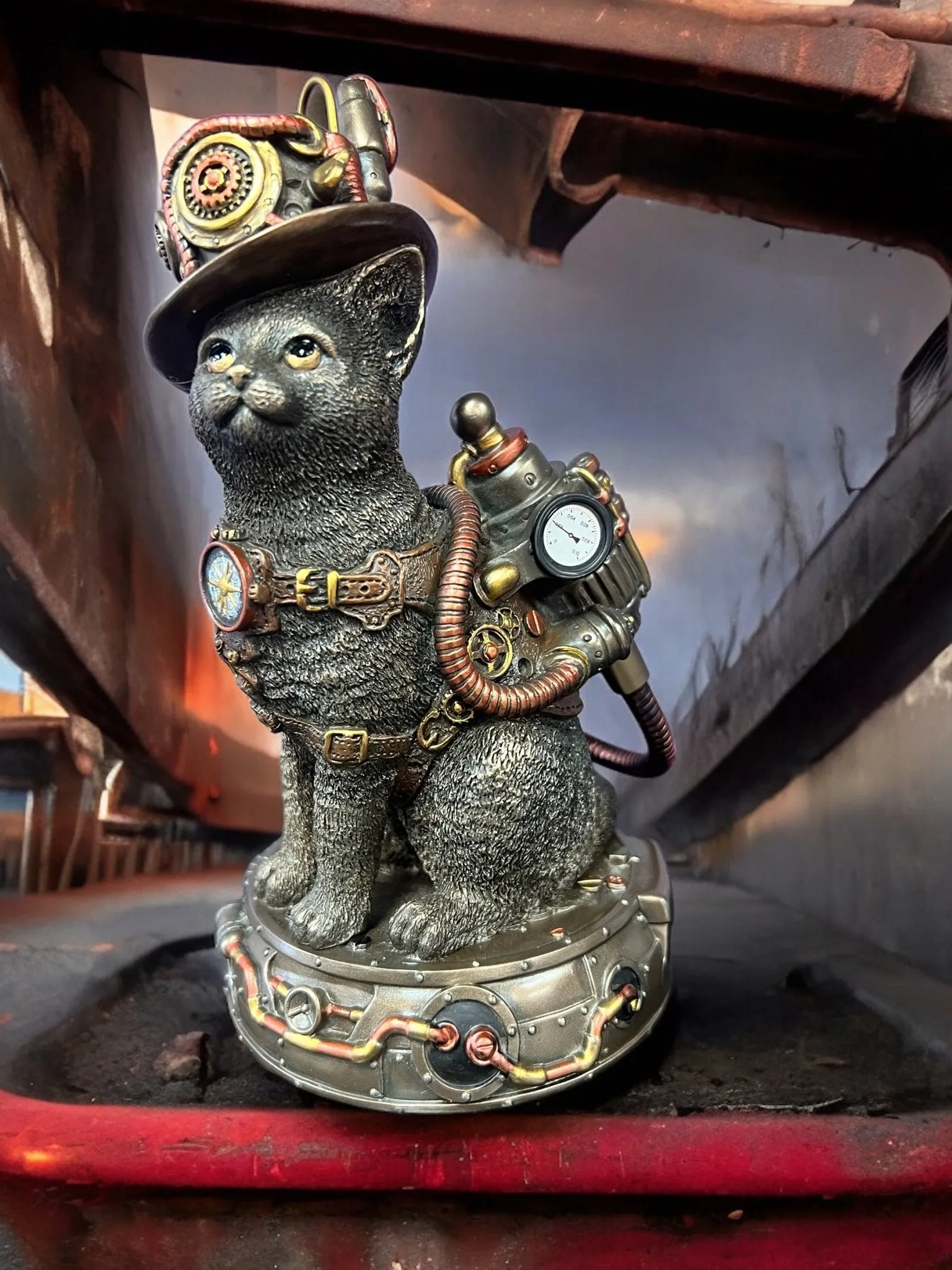 Steampunk Mechanical Sitting Cat Tinkerer Statue by Veronese Design