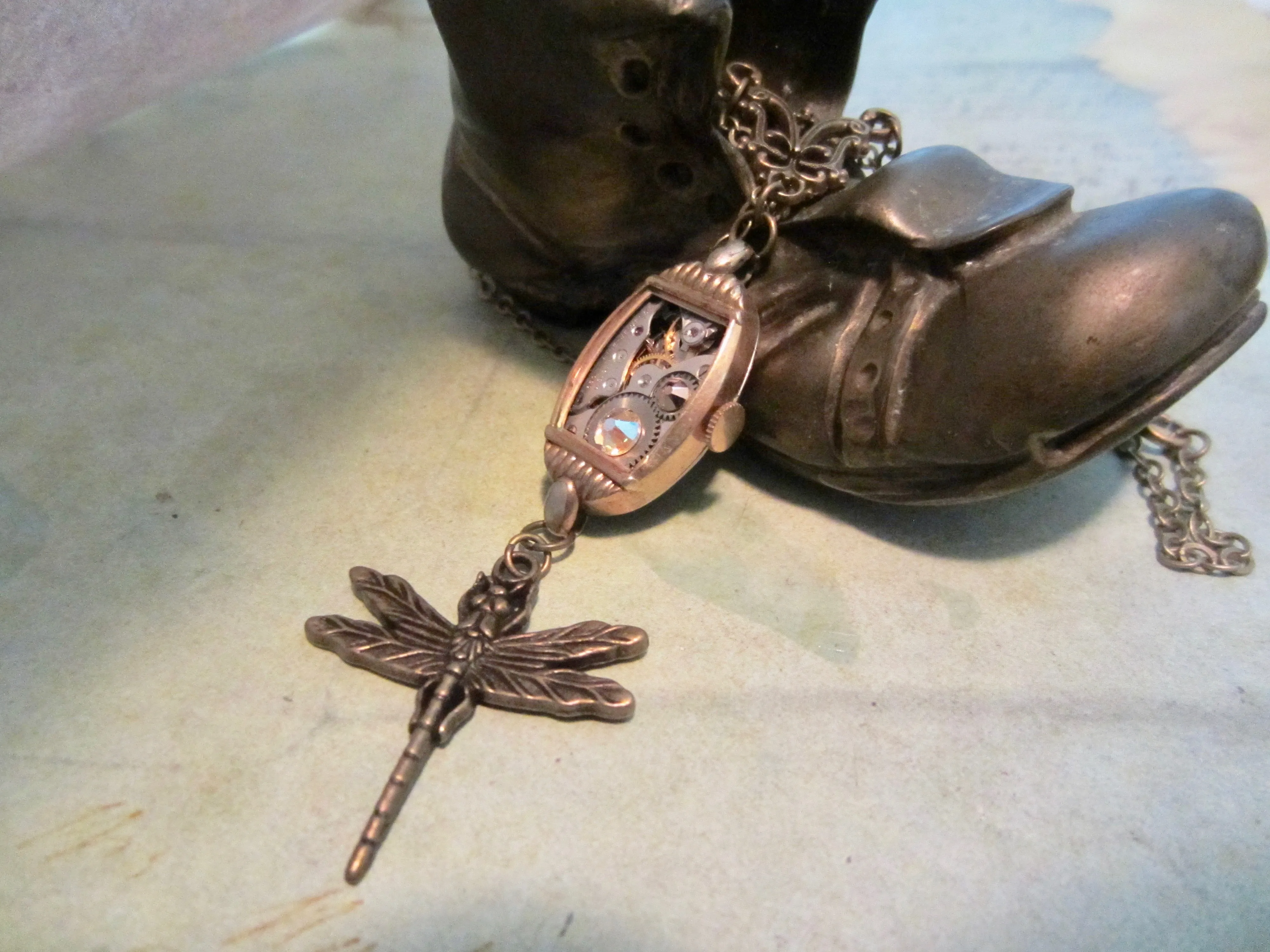 Steampunk Pendant -  Dragonfly  - Steampunk Pendant made with real vintage pocket watch parts