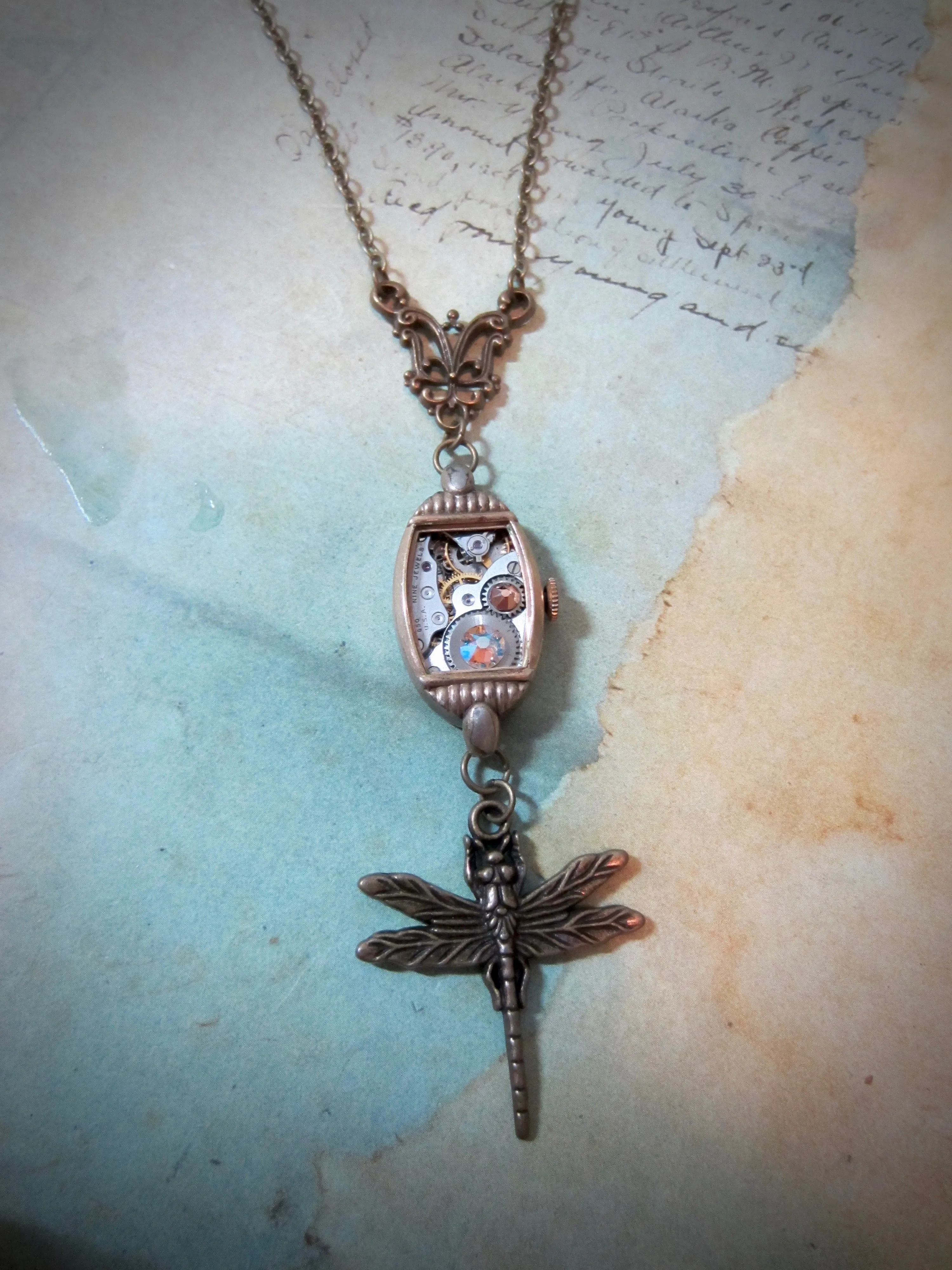 Steampunk Pendant -  Dragonfly  - Steampunk Pendant made with real vintage pocket watch parts