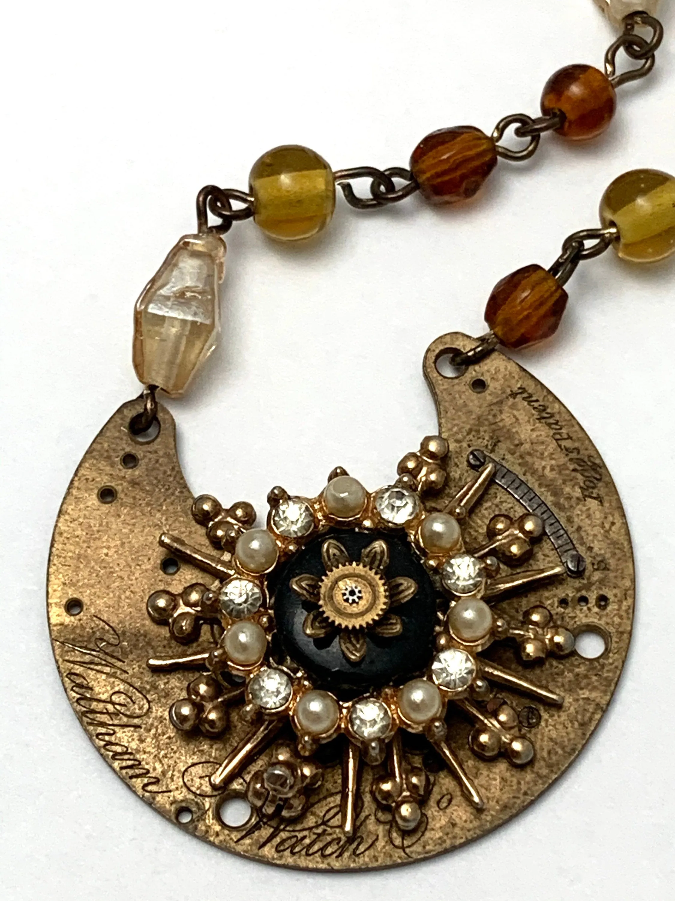 Steampunk Pendant - Precious Time - Steampunk Necklace- Repurposed art - Pearls and crystals. Pocket watch plate gift for her