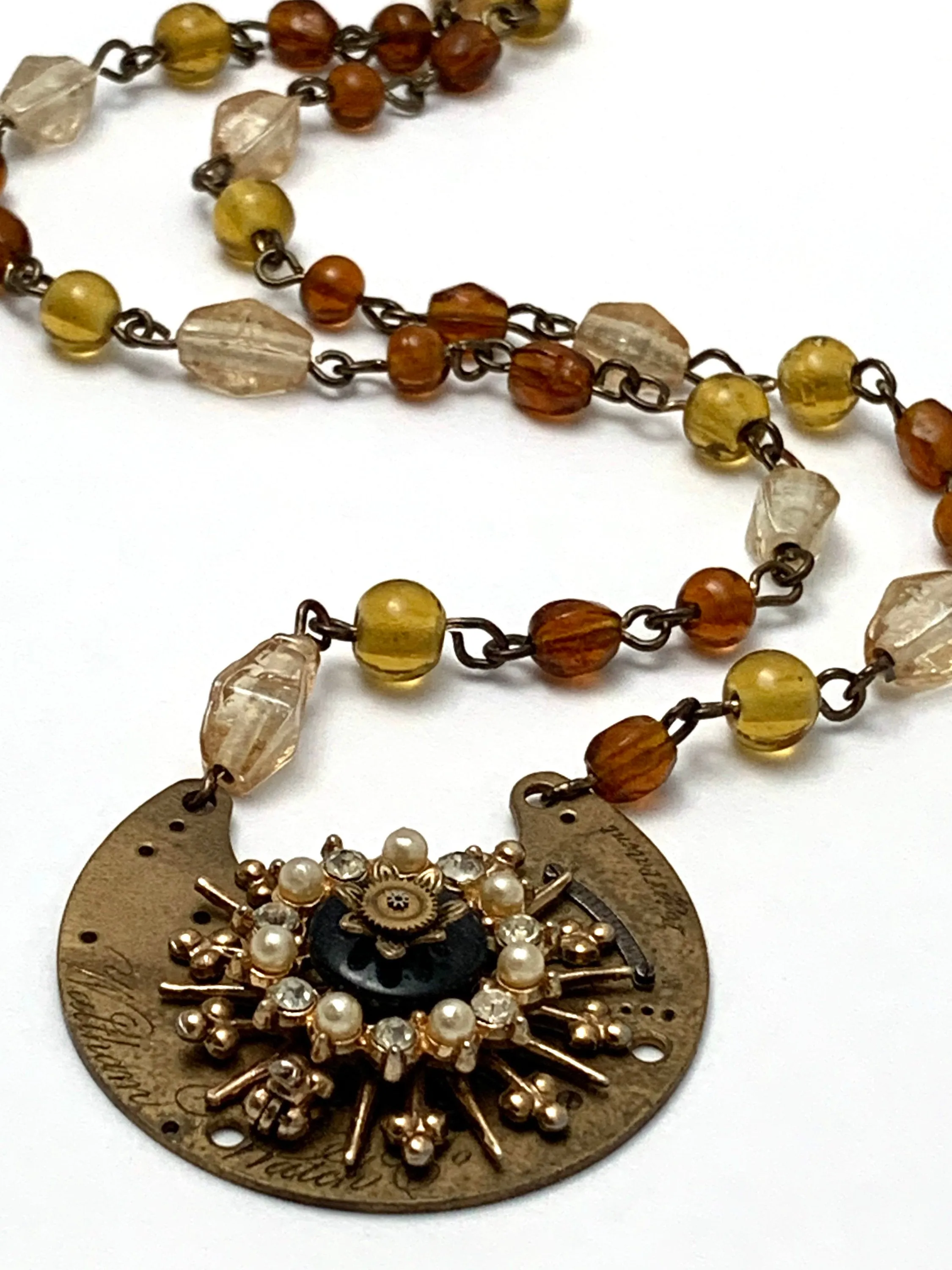 Steampunk Pendant - Precious Time - Steampunk Necklace- Repurposed art - Pearls and crystals. Pocket watch plate gift for her