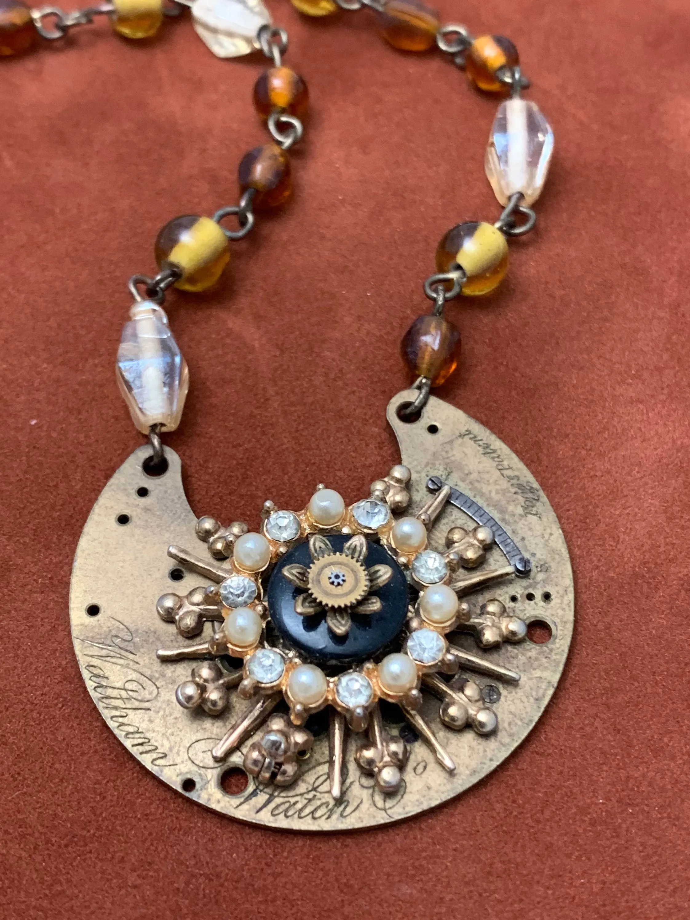 Steampunk Pendant - Precious Time - Steampunk Necklace- Repurposed art - Pearls and crystals. Pocket watch plate gift for her