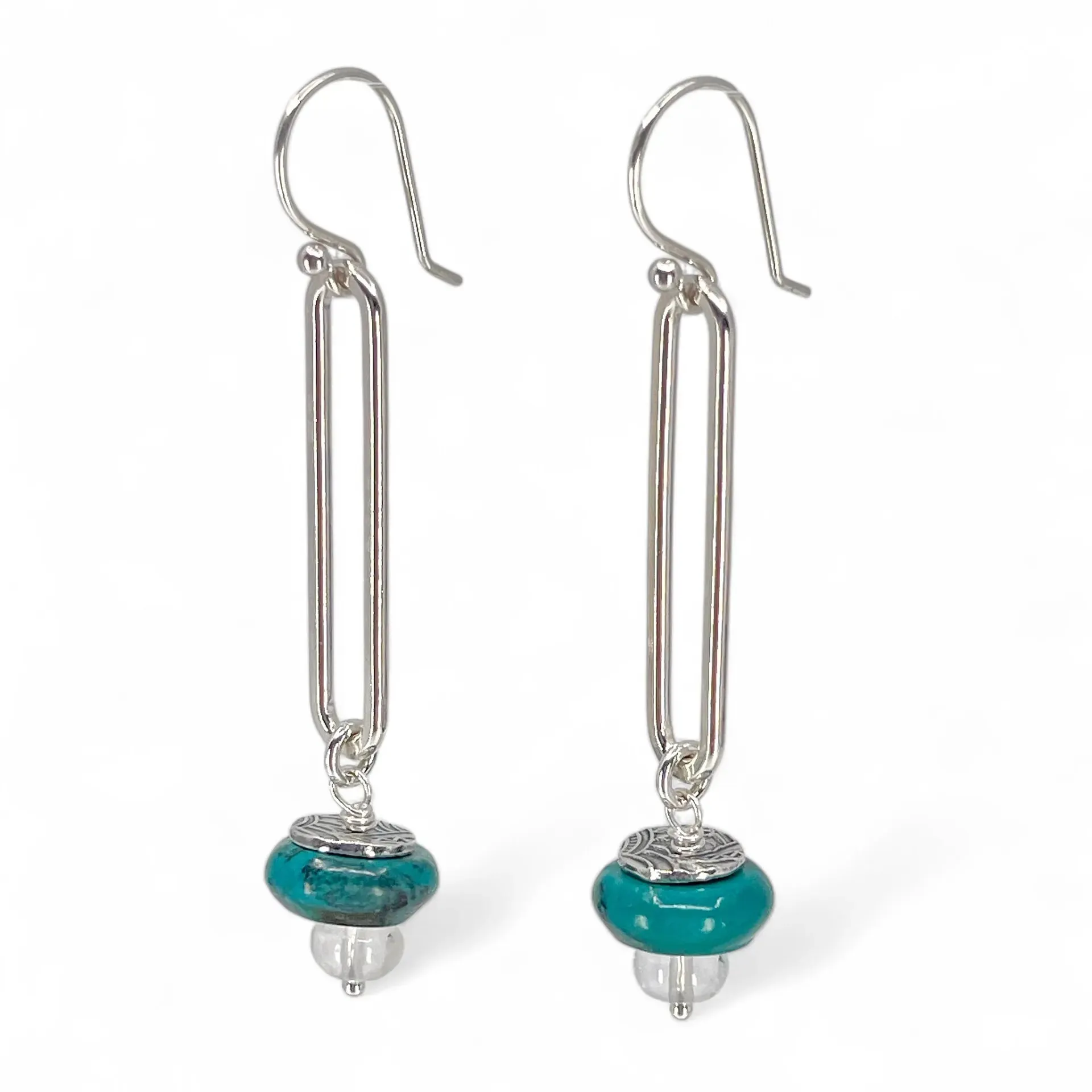 Sterling Oval Hoops with Turquoise and Clear Quartz