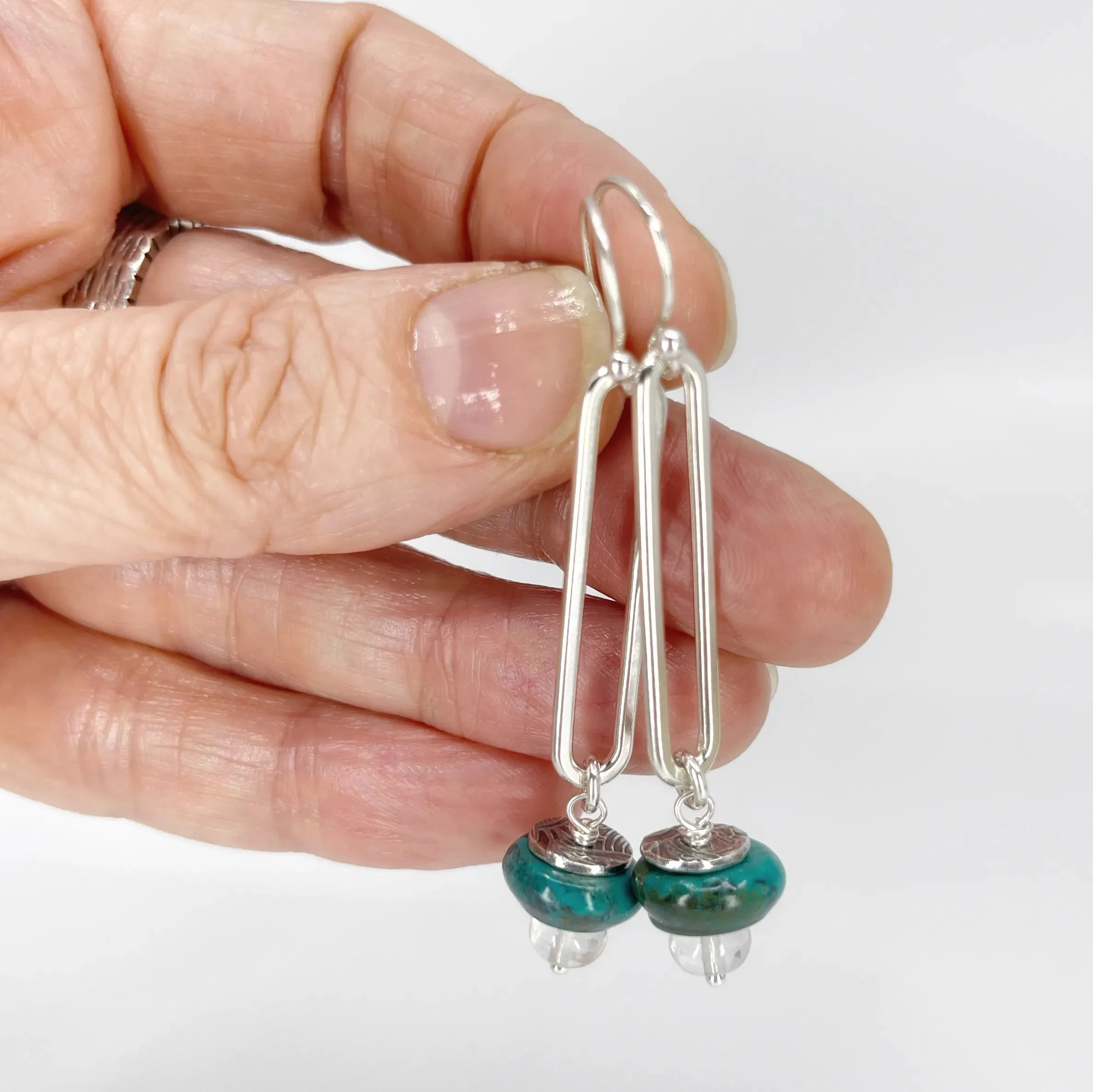 Sterling Oval Hoops with Turquoise and Clear Quartz
