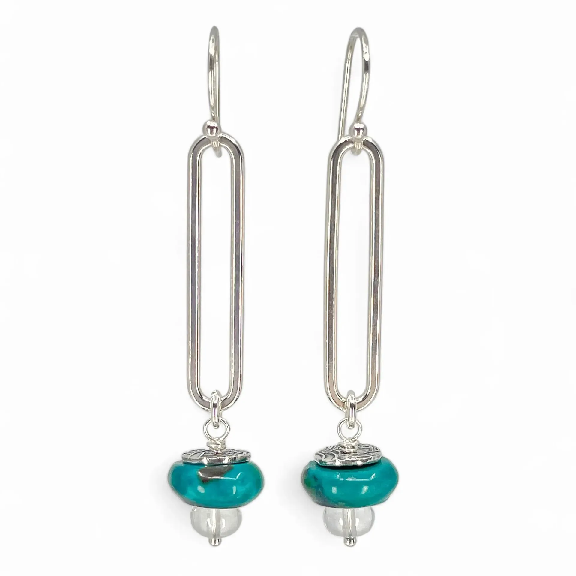 Sterling Oval Hoops with Turquoise and Clear Quartz