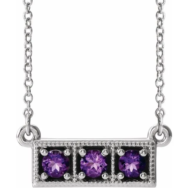 Sterling Silver Amethyst Three-Stone Granulated Bar 16-18" Necklace