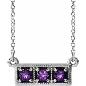 Sterling Silver Amethyst Three-Stone Granulated Bar 16-18" Necklace