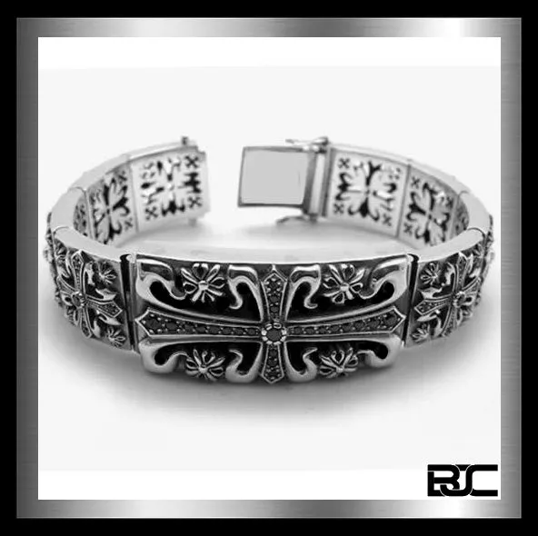 Sterling Silver Onyx Knights Templar Biker Bracelet