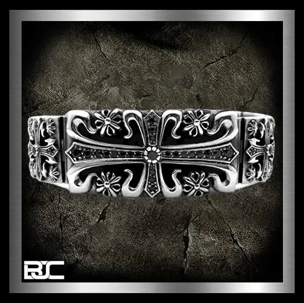 Sterling Silver Onyx Knights Templar Biker Bracelet