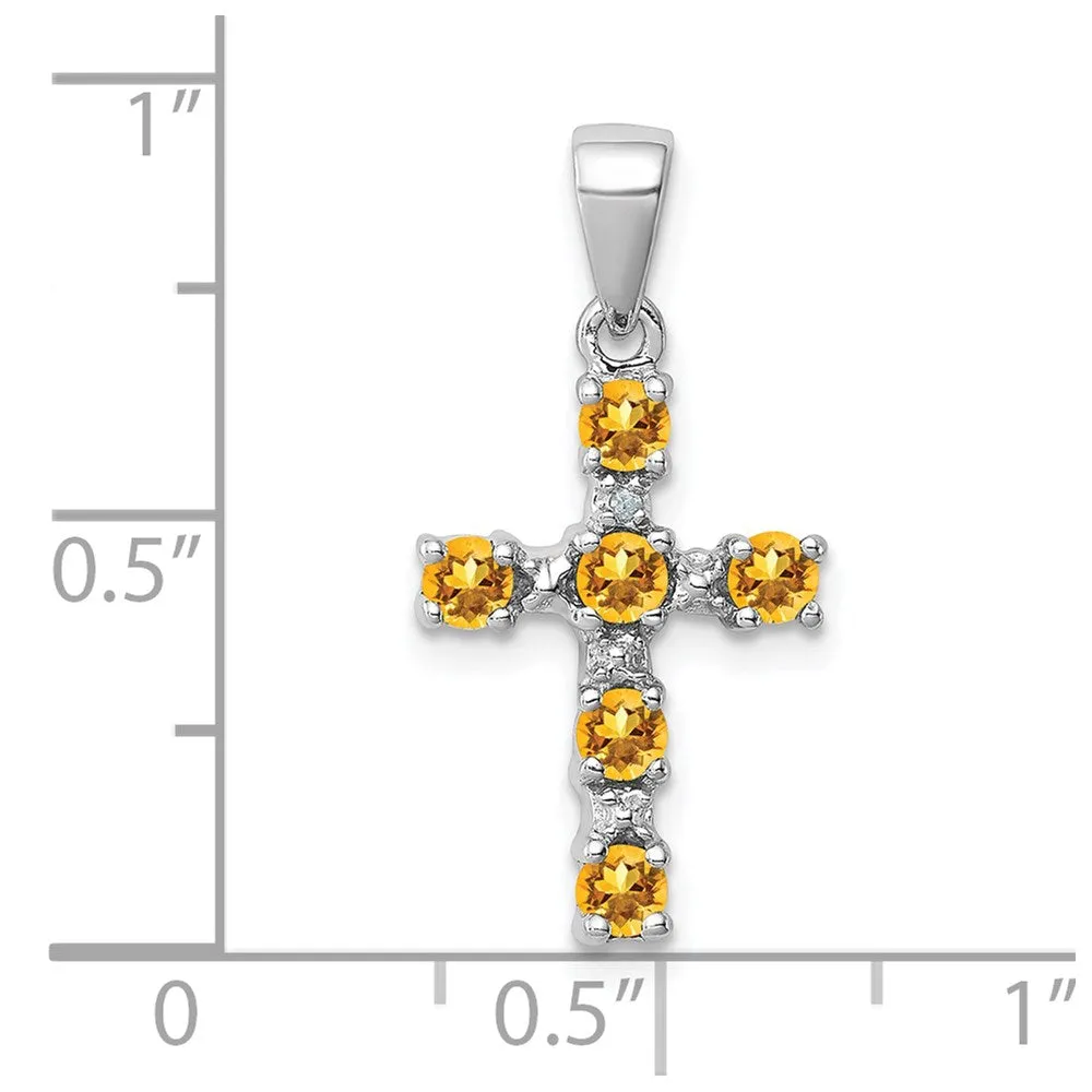 Sterling Silver Rhodium Citrine & Diamond Accent Cross Pendant