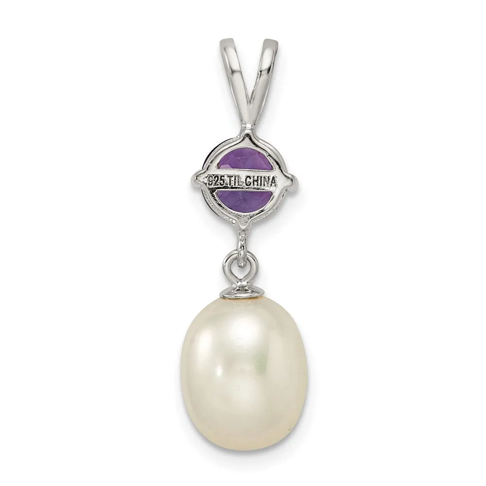 Sterling Silver Rhodium-plated Amethyst 8-9mm FWC Pearl Teardrop Pendant