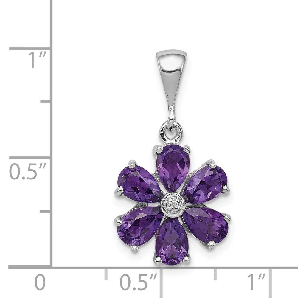 Sterling Silver Rhodium Plated Amethyst and Diamond Flower Pendant