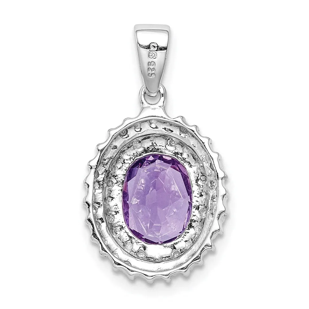 Sterling Silver Rhodium Plated Amethyst and Diamond Pendant