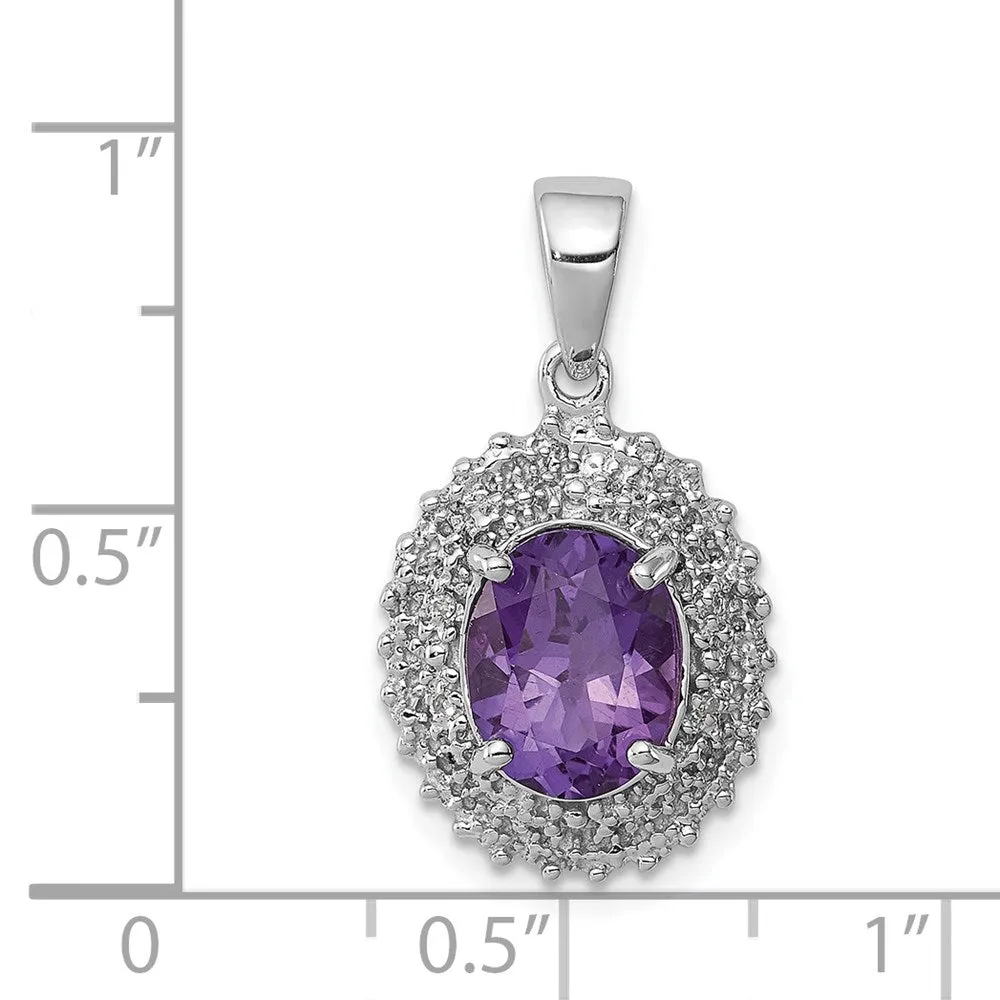 Sterling Silver Rhodium Plated Amethyst and Diamond Pendant
