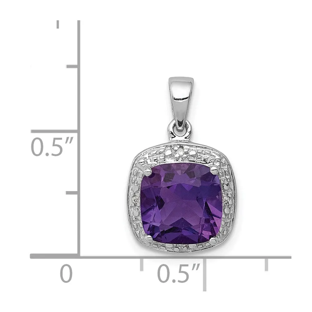 Sterling Silver Rhodium Plated Amethyst and Diamond Pendant
