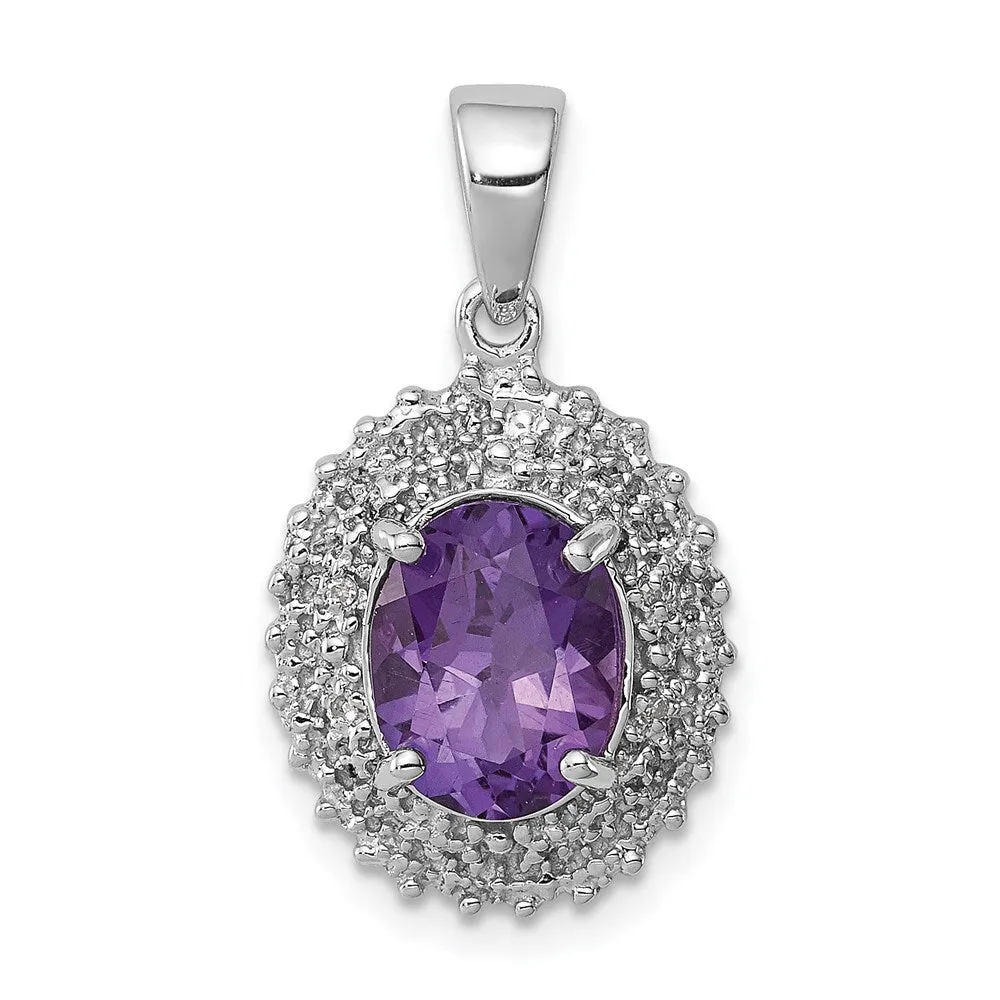 Sterling Silver Rhodium Plated Amethyst and Diamond Pendant