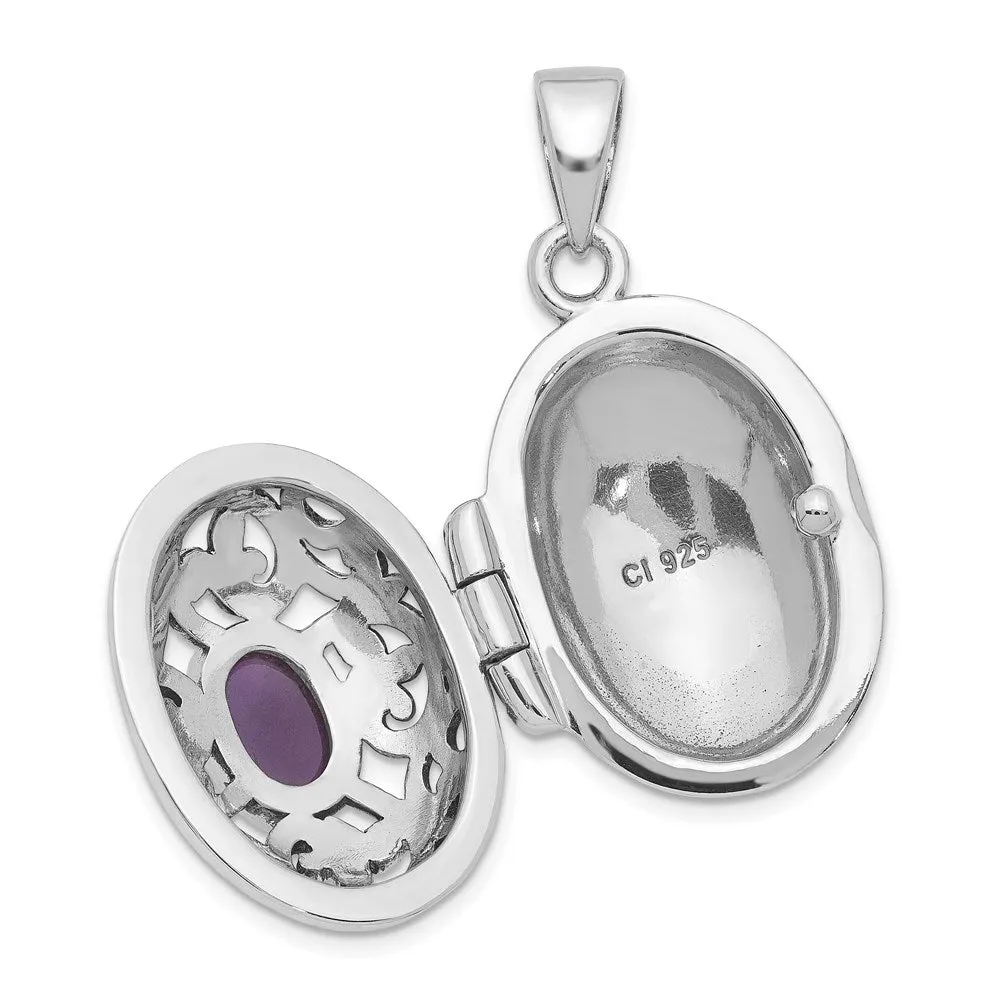 Sterling Silver Rhodium-plated and Antiqued Amethyst Locket