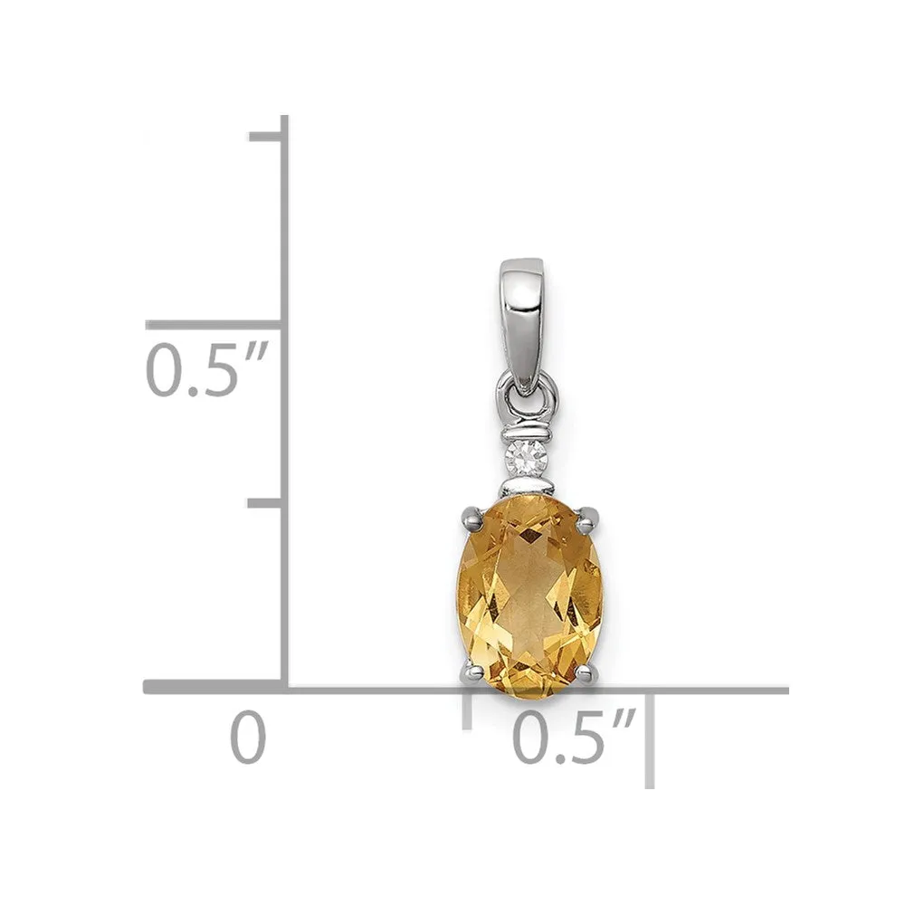 Sterling Silver Rhodium Plated Diamond & Citrine Oval Pendant