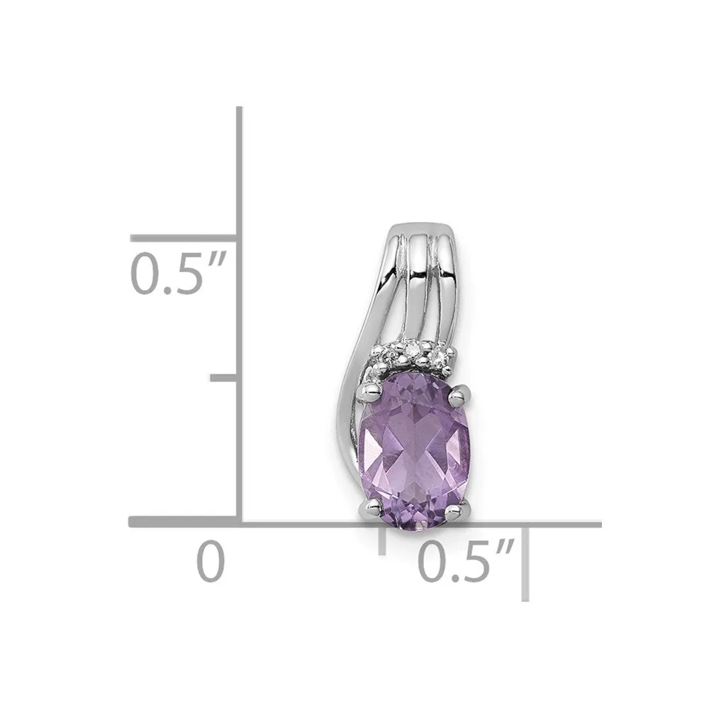 Sterling Silver Rhodium Plated Diamond and Amethyst Oval Pendant