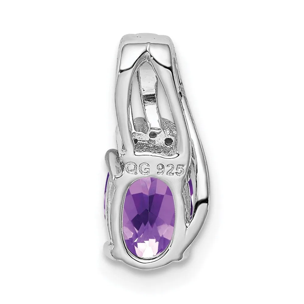 Sterling Silver Rhodium Plated Diamond and Amethyst Oval Pendant