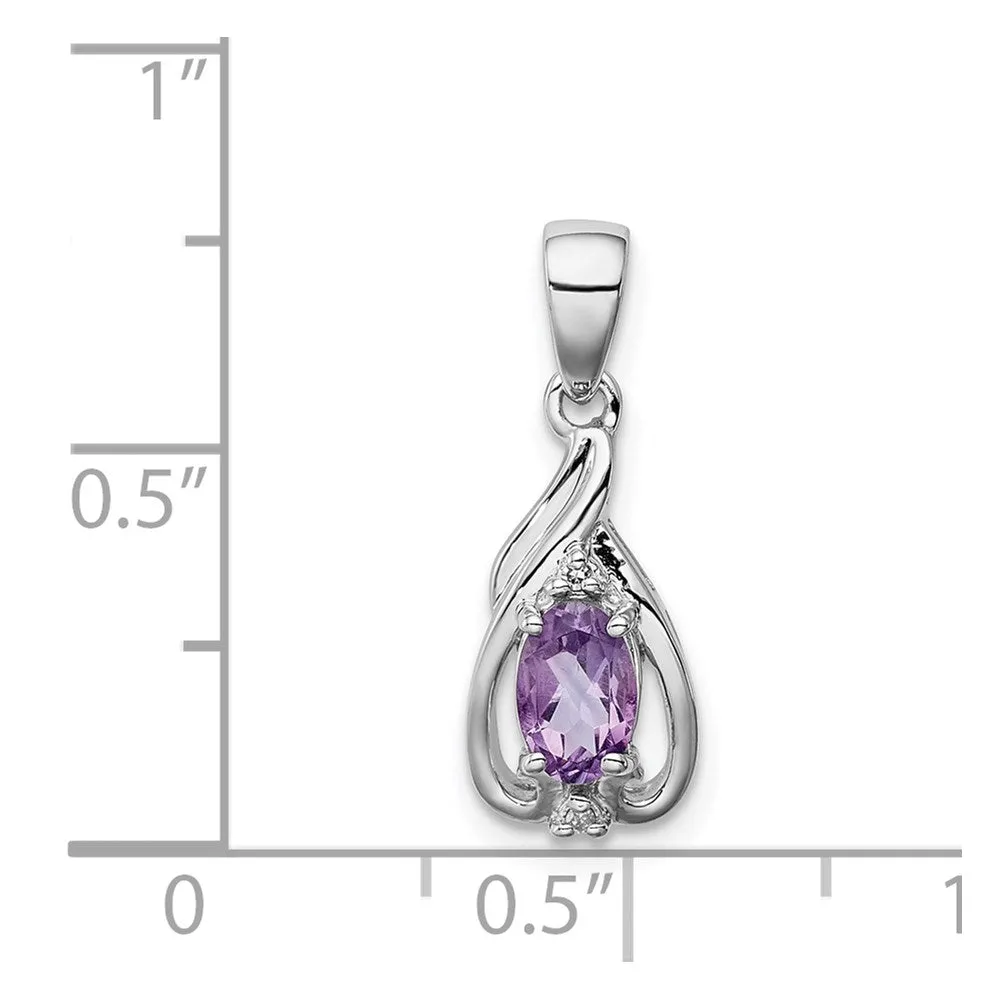 Sterling Silver Rhodium Plated Diamond and Amethyst Oval Pendant