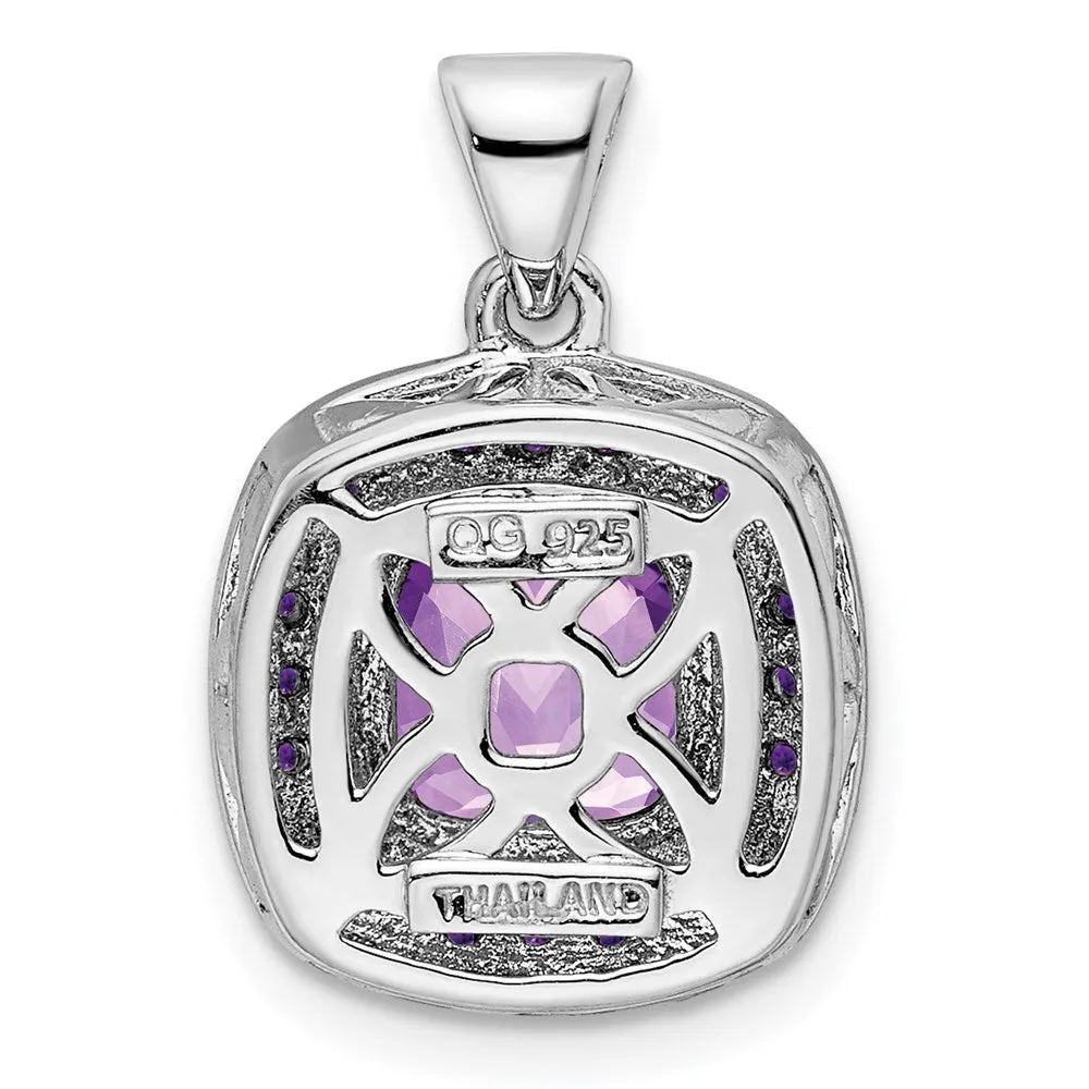 Sterling Silver Rhodium-plated Diamond and Amethyst Square Pendant