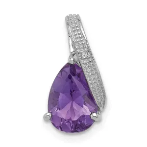 Sterling Silver Rhodium Plated Diamond and Amethyst Teardrop Pendant