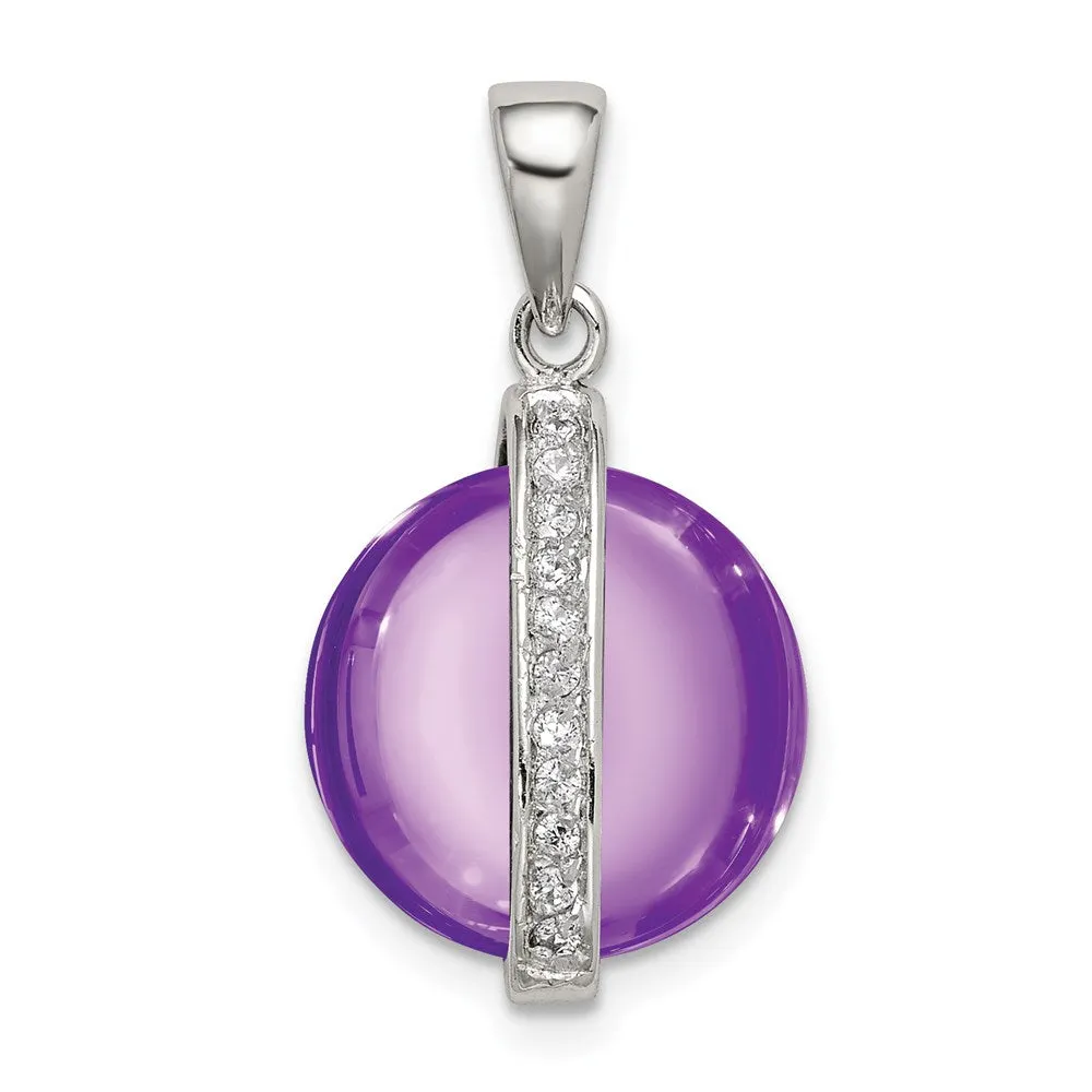 Sterling Silver Rhodium-plated Purple Cabochon and White CZ Pendant
