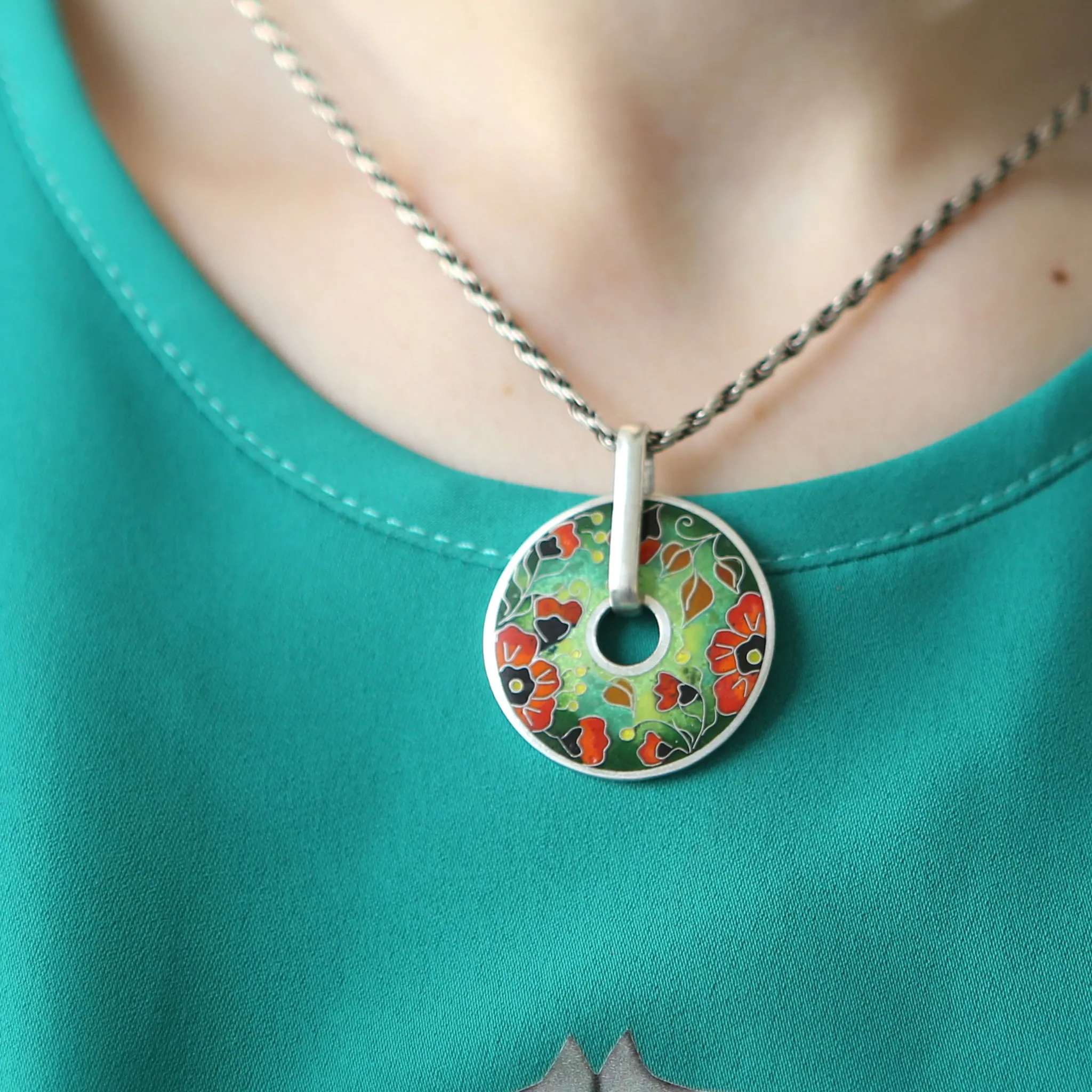 Sterling Silver Vibrant Poppies Pendant