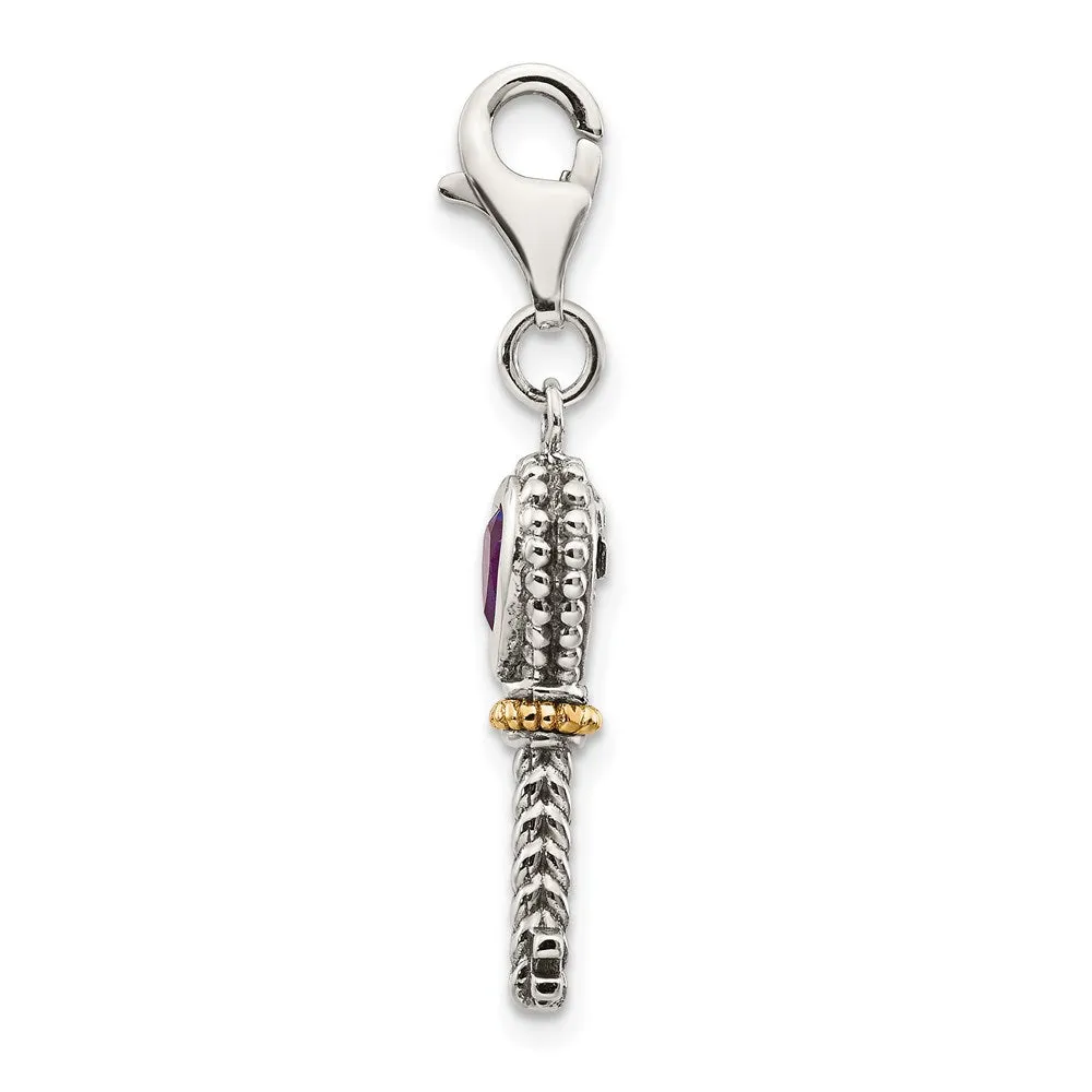 Sterling Silver w/14k Amethyst Antiqued Key w/Lobster Clasp Charm