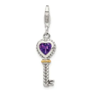 Sterling Silver w/14k Amethyst Antiqued Key w/Lobster Clasp Charm