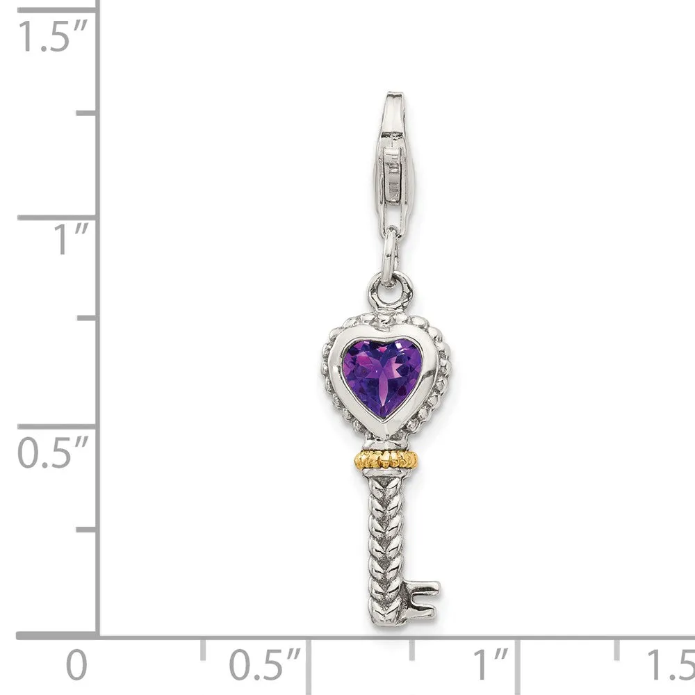 Sterling Silver w/14k Amethyst Antiqued Key w/Lobster Clasp Charm