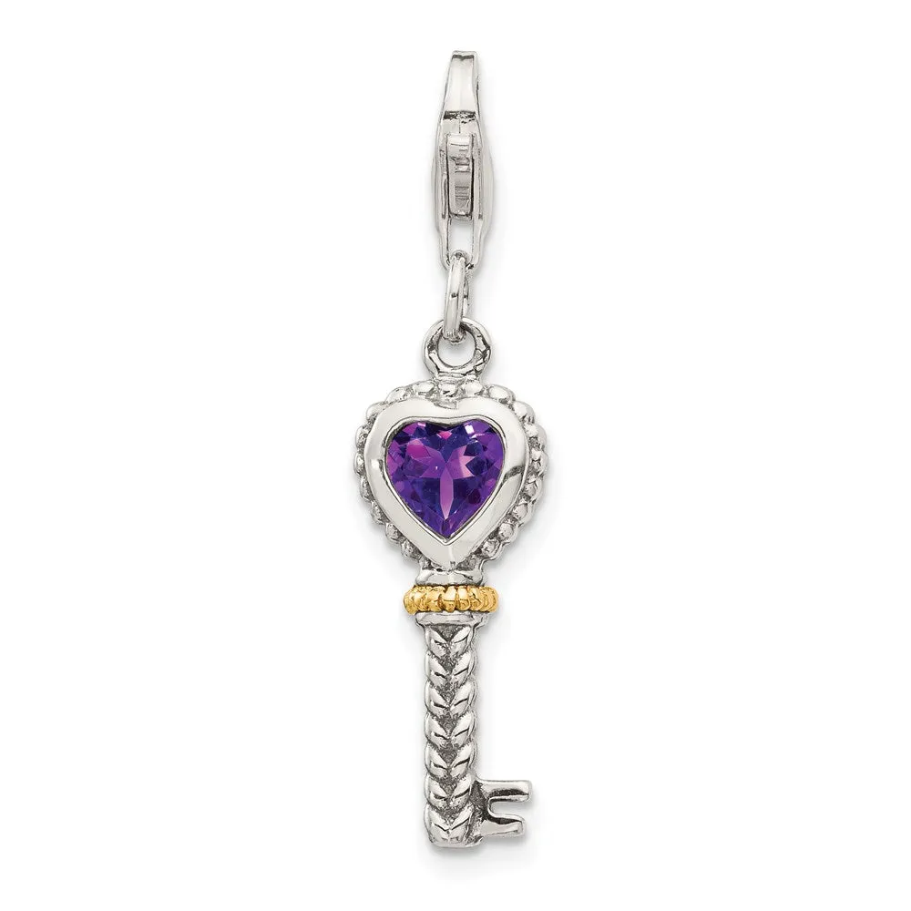 Sterling Silver w/14k Amethyst Antiqued Key w/Lobster Clasp Charm