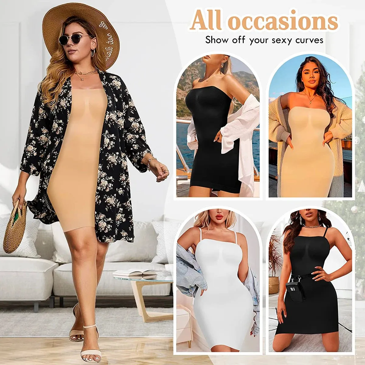 Strapless Shapewear Slip for Women - Tummy Control Full Slip Dress Camisole Body Shaper