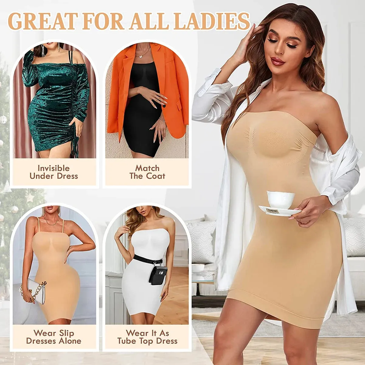 Strapless Shapewear Slip for Women - Tummy Control Full Slip Dress Camisole Body Shaper