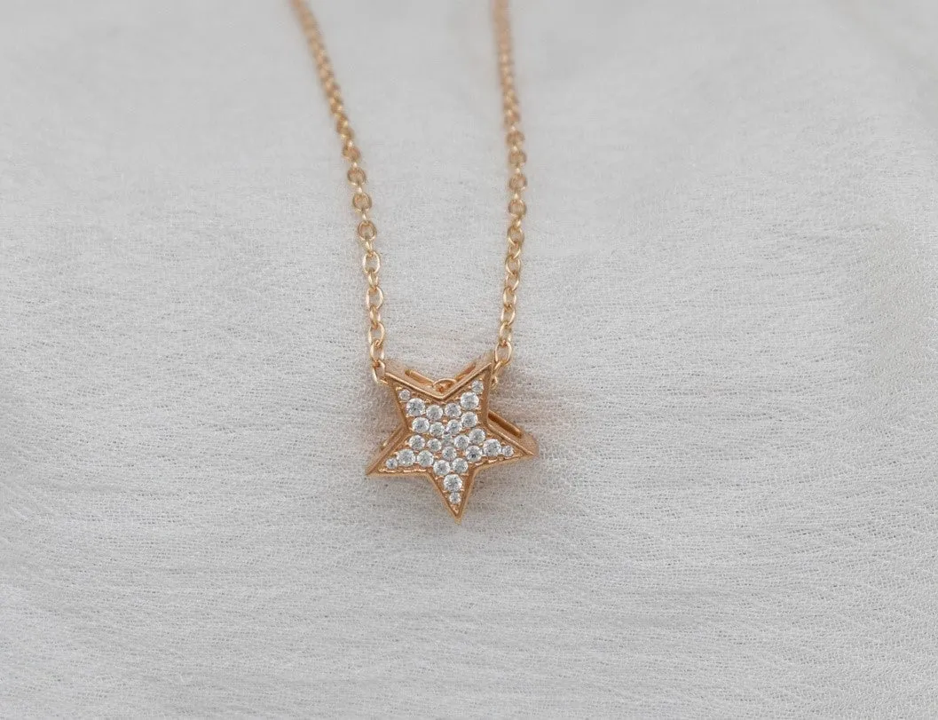 STUNNING REAL DIAMOND STAR CLUSTER MINIMALIST PENDANT | 14K SOLID ROSE GOLD | EVERYDAY DELICATE PENDANT VS/SI I-J COLOR | APRIL BIRTHSTONE