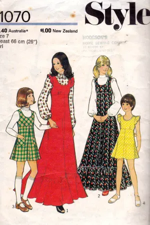 Style 1070 Girl's Maxi Mini Dress & Blouse 1970s Vintage Sewing Pattern Size 7
