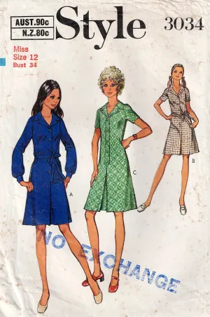Style 3034 Womens Classic Fit & Flared Shirtdress 1970s Vintage Sewing Pattern Size 12 or 14